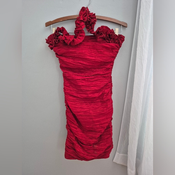 Red Ruched Cocktail Dress - Picture 2 of 12